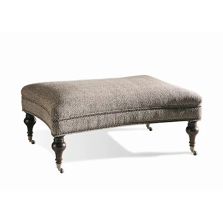 Upholstered Ottoman/Bench with Nailhead Trim and Turned Post Legs with Casters